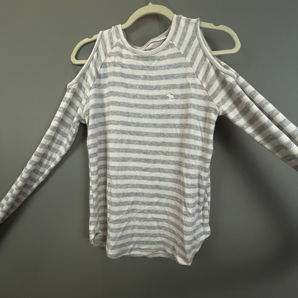 Abercrombie Kids Long Sleeve Shoulder Cut Out Striped Shirt, Pink and Grey